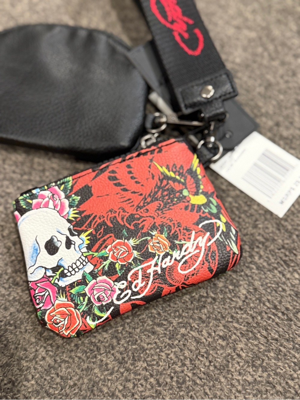 Ed Hardy Black & Red Floral Skull Wristlet Keychain Set - Picture 8 of 11